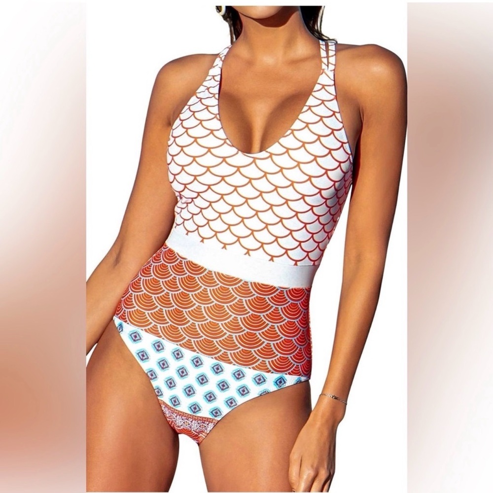 Cupshe Bathing Suit One Pc Swimsuit Women’s Sz L Colorful Flattering Padded